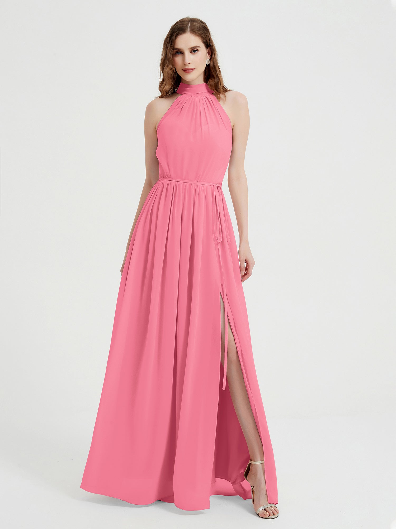 High Neck Full Length Dress with Slit Watermelon